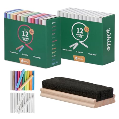 Kedudes Dustless Chalk with Eraser, 24pk - 12 Colored Chalkboard Chalks and 12 White Chalk for Chalkboard and Board Erasers Set - Blackboard Chalks and Eraser with Wooden Handle