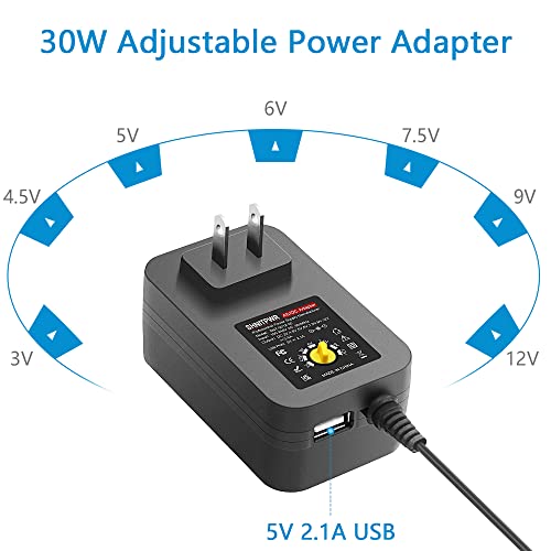 SHNITPWR 30W Universal Power Supply 3V 4.5V 5V 6V 7.5V 9V 12V Adjustable Variable AC/DC Adapter with 5V 2.1A USB Port, 100V-240V AC to DC 3V~12V Converter 0.5A 1A 1.2A 1.5A 2A 2.5A Max with 14 Tips - Image 3