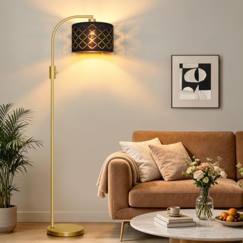 Image of Nintiue Dimmable Floor Lamp, 1200 Lumens LED Edison Bulb Included, Arc Gold Floor Lamps for Living Room Modern Standing Lamp with Black Grid Shade