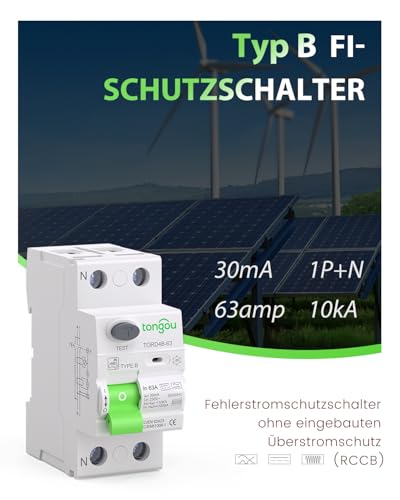 TONGOU Typ B Fi Schutzschalter 63A 30mA 1P+N 230V 10kA, Ein leistungsstarkes Gerät zum Schutz vor Stromlecks, entwickelt für Wechselrichter, EV-Ladestationen und Solarstromanlagen