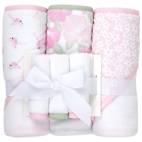 Image of Jessica Simpson Baby 6-Piece Hooded Towel & Washcloth Set - Soft Polyester Baby Bath Towels - Butterfly & Lavender Floral Prints (Green Floral & Flamingo)