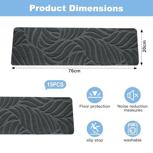 ALKNOT 15 Stück Treppenstufen Matten, 76cmx20cm Stufenmatten Selbstklebend für Holzstufen, 100% Polyester TPE -Rücken Treppenteppich für Kinder, Älteste und Haustiere (Dunkelgrau)