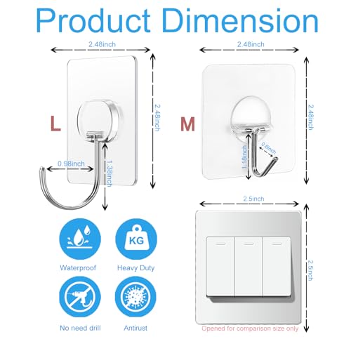 Large Adhesive Hooks for Hanging Heavy Duty Wall Hooks Self Adhesive Towel Coat Hooks Waterproof Transparent Hook for Bathroom Shower Kitchen Keys Door Outdoor Home Improvement Utility Hook 12 Pack - Image 3