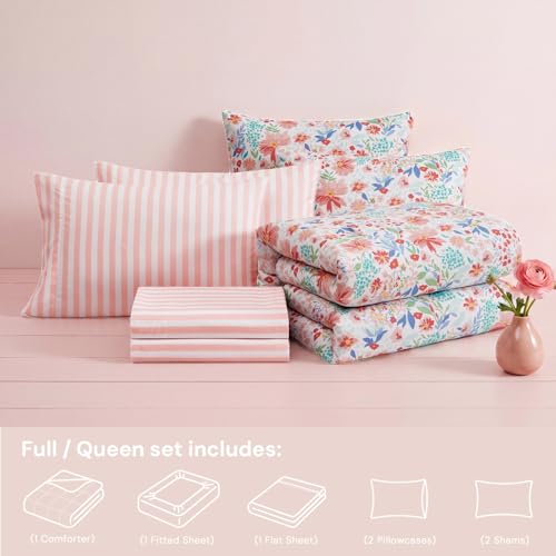 Image of Queen Comforter Set with Sheets for Girls-7 Pieces Soft Queen Bedding Sets | Bed in A Bag Flower Printed Comforter with Pillowcases & Shams, 90 inch X 90 inch