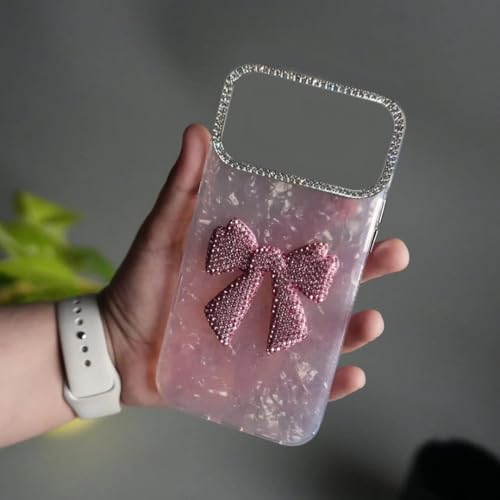 Image of mobistyle Compatible with iPhone 17 Pro Max | Rhinestone Bow Elegant Heart Shell Pattern and Camera Lens Protection Back Cover Case for Women Girls iPhone 17 Pro Max (Pink)