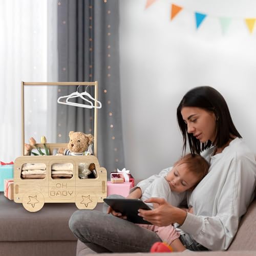 Image of fun-plus Baby Shower Crate Closet, Bus Shape Baby Shower Basket with Handle Baby Storage Crate, Wooden Crate for Pregnancy New Parent (Bamboo made)