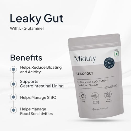 Miduty Leaky Gut Powder - Supports Gastrointestinal lining, Leaky Gut - Helps In Constipation And Heartburn - Advanced Formula with L Glutamine and Aloe Vera Extract - 300 Grams