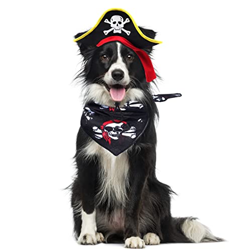 Aichiyu 2 Pieces Skull Print Pet Pirate Hat With Pirate Skull Bandana Dog Cat Captain Cap Halloween Pirate Cosplay Costume Halloween Party Hat Dress Up Costume Accessories (B) #TOP4