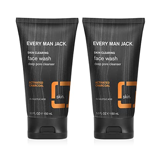 Every Man Jack Activated Charcoal Oil and Acne Defense Skin Clearing Face Wash For Men - Deeply Cleanse Pores and Prevent Acne Breakouts with Salicylic Acid + Coconut Oil - 5 oz Mens Face Wash Twin Pack