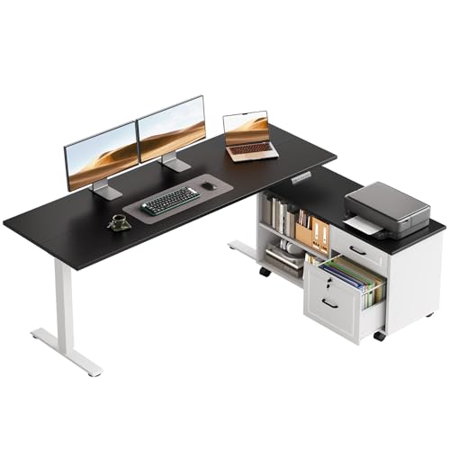 OffiGo 55 Inch L Shaped Electric Standing Desk with Drawers & File Cabinet Sets, Executive Sit Stand Desk, Height Adjustable Computer Desk for Home Office, Writing, Workstation, Black+White