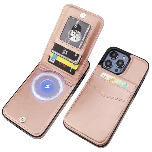 KIHUWEY for iPhone 14 Pro Max Wallet Case for MagSafe, Rose Gold