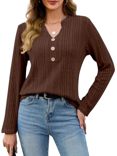 VUTRU Top for Women Tunic Pullover V Neck Henley Long Sleeve Knit Sweater Casual Shirt Blouse, Brown M