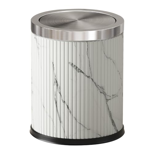 Image of Bathroom Garbage can with lid,Small Trash Can with Flipping Lid, 4gallon,White and Silver Bathroom Trash can for Bedroom,Living Room,Hotel (15L-Ink Painting)