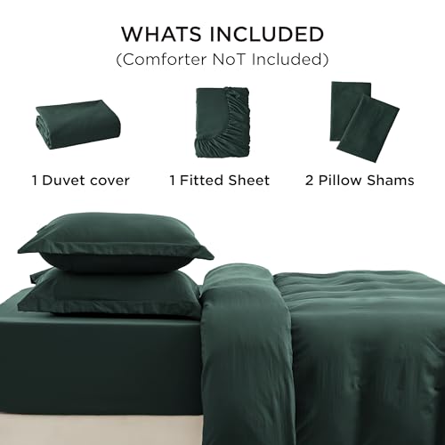 Image of Bedsure Duvet Cover Queen Size with Fitted Sheet - 4 Pieces Prewashed Cotton-Like Polyester Extra Soft Bedding Set, Includes 1 Duvet Cover 90x90 Inches, 2 Pillow Shams, 1 Fitted Sheet, Forest Green