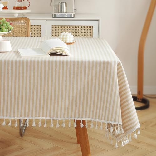 Meioro Manteles Rectangular Mantel Antimanchas Mantel para Mesa de Lino Striped Tassel Tablecloth La decoración del hogar es Adecuada (Albaricoque/Rayas Blancas, 90×90cm)