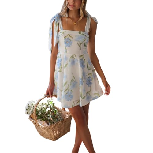 Image of Women Tie Shoulder Mini Dress Floral Ruffle Babydoll Dress Boho Square Neck Sundress Cute Summer Dresses