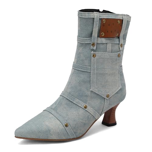 BEAUPAS Women's Denim Kitten Heel Boots Pointed Toe Low Heel Ankle Boots Chunky Vintage Zip Shoes(Light Blue,10)
