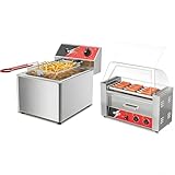 CROSSON 8L Professionelle Elektrische Fritteuse,3250W Kommerzielle Elektrische Fritteuse aus Edelstahl mit Korb, Hot Dog Maschinen 5 Rollen mit Brötchenwärmer,12 Hotdogs Machine Elektrogrill