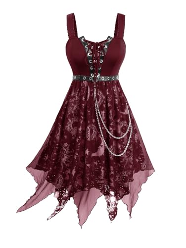 Rosegal Women Plus Size Sun Moon Star Goth Dress Chains Lace-up Grommet Sleeveless Midi Dress Overlay Handkerchief Punk Dress with Belt(Red_1/L)