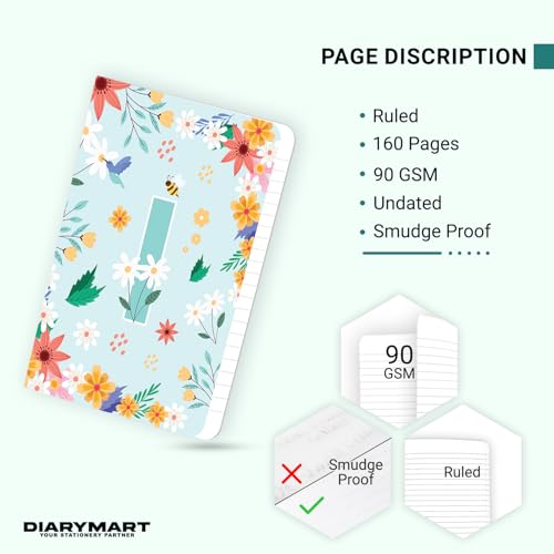 Image of Initial I Premium Soft Bound Notebook Diary for Girls and Women (B6, 90 GSM, 160 Ruled Pages) Floral Design Notebook Journal Diary