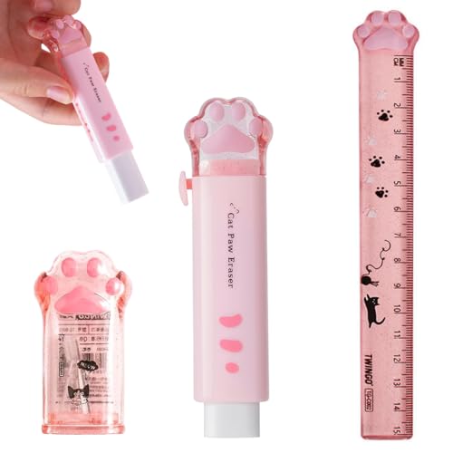 WHYCNJL Juego de 3 Piezas Papelería de Pata de Gato, Sacapuntas de Dibujos Animados Kawaii, Borrador Retráctil, Regla, Suministros Escolares