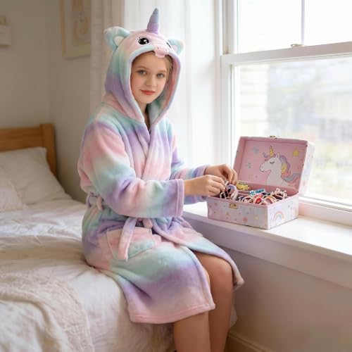 Image of V.&GRIN Girls Fleece Hooded Robe, Soft Unicorn Bathrobe for Kids 5-14 Years