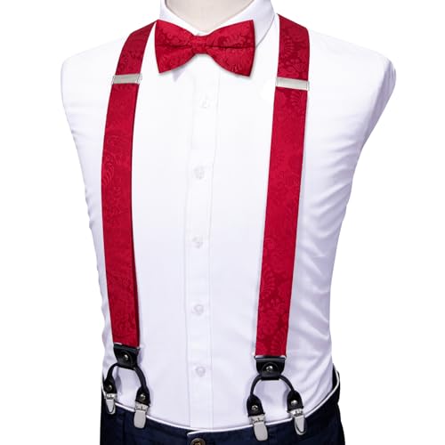 Image of YOHOWA Men Suspenders 6 Clips Strength Adjustable Y Braces Pre-Tied Bow Tie Set Formal Wedding Party