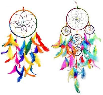 Kitchen Hub Made in India Handwoven Pack of 2 Multicolor Dream Catcher Attract Positive Dreams Traditional Indian Wall Art for Bedrooms, Home Wall, Hanging Design Wool Dream Catcher