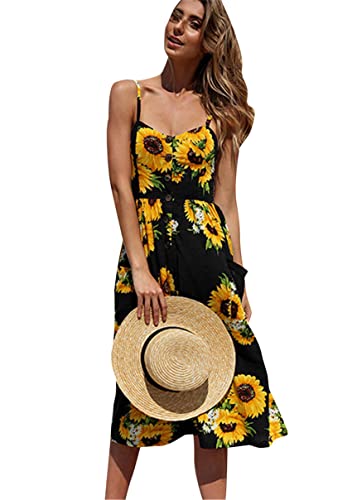Image of YMING Womens Summer Spaghetti Strap Dresses Button Down Floral Sundress High Waist Swing Midi Dress with Pockets