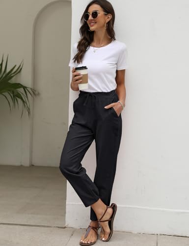Gihuo Women's Tapered Linen Pants Casual Straight Leg Drawstring Elastic Waist Loose Comfy Joggers Trousers with Pockets4