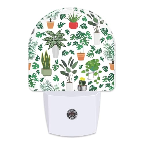 Image of Green Potted Plants Night Light, Home Botanical Floral Leaves Dusk to Dawn Night Light Plug in,0.5w Energy Saving Sleep Friendly Nightlights for Kids Boys Girls Home