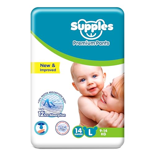 Image of Amazon Brand - Supples Premium Baby Diaper Pants | 14 Baby Diapers | Large | 9-14 Kg | 12 Hrs Absorption | Cushiony Cotton Soft Fabric | Phthalates-Free | Triple Leak Guard