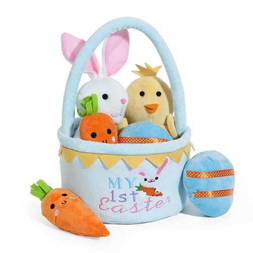 Lofytain My First Easter Basket Stuffed Plush Playset Babys First Easter Basket Stuffed Cartoon Bunny Easter Egg Plush Basket for Kids 5pcs (Blue)