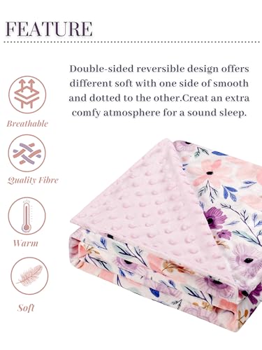 Image of Baby Plush Mink Blanket Double Layer with Dotted Backing for Baby Girl or Baby Boy (Purple and Pink Floral)