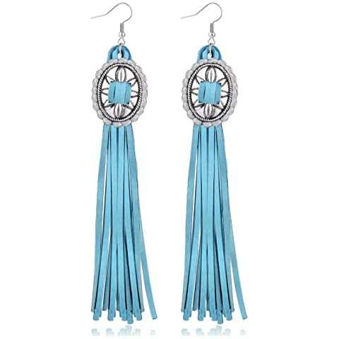 Western Fringe Earrings-Leather Earrings-Concho Earrings-Tassel Earrings-Long earrings boho southwest-Tassel Fringe, Zinc, leather Cover