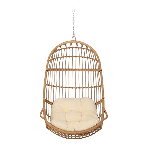 Image of Christopher Knight Home Mariah Wicker Hanging Chair with Cushion, Outdoor Indoor Basket Chair, Boho Garden Lounger Porch Swing Furniture, Modern Patio Decor, Light Brown and Beige