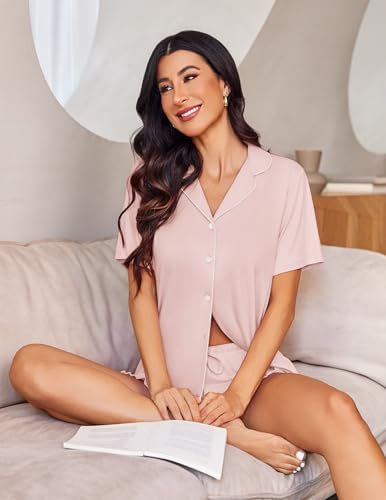 Image of Ekouaer Womens Pajama Sets Button Down Short Sleeve Top and Shorts Cute Ruffled Pjs Sets Sleepwear