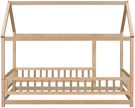 Twin Size House Bed for Boys, Girls, Wooden Montessori Bed with Fence and Roof,Easy to Assemble,No Box Spring Needed, Natural