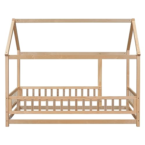 Twin Size House Bed for Boys, Girls, Wooden Montessori Bed with Fence and Roof,Easy to Assemble,No Box Spring Needed, Natural