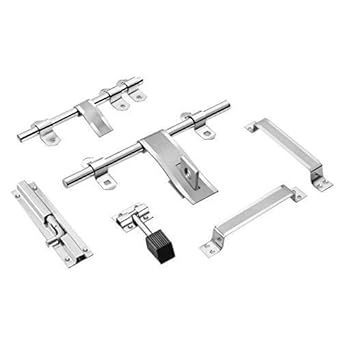 QTM+ Door Kit 2 MM, S.S. Door Accessories Kit, Stainless Steel Door Kit Set (1 Aldrop, 1 Latch, 2 Handles, 1 Tower Bolt and 1 Door Stopper) - Silver finish