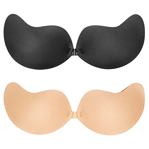 Clfqercl 2Pcs Self Adhesive Strapless Push Up Bra Reusable Invisible Breathable Bra For Evening Dresses, Wedding Dresses, Prom Dresses (As1, Cup_Band, C, Standard, Black & Beige) #TOP29