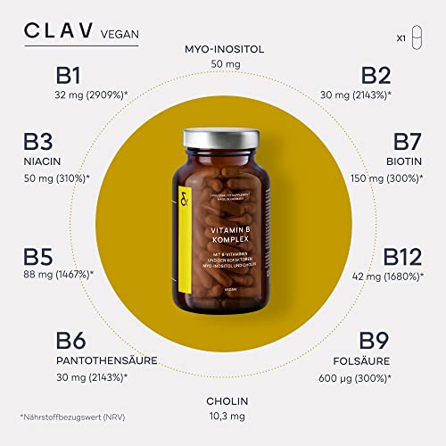 CLAV® Vitamin B Komplex – 360 vegane Kapseln (3er Set) – alle 8 B-Vitamine & Kofaktoren – Vit B1, B2, B3, B5, B6, B12 Methylcobalamin, Biotin & Folsäure – hochdosiert & vegan