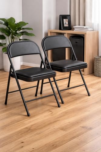 Image of MLU Set of 2 Folding Chairs with Padded Seat & Backrest, Heavy-Duty Steel Frame, Portable & Compact Foldable Chairs, Waterproof Vinyl Cushion, No Assembly Required, Black
