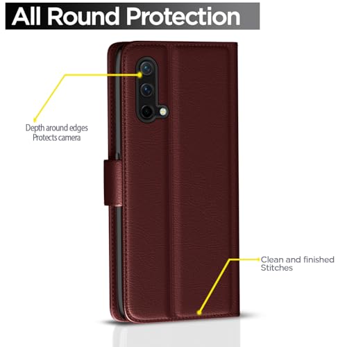 Image of Pikkme OnePlus Nord Ce 5G Flip Cover Leather Finish | Inside TPU with Card Pockets | Wallet Stand and Shock Proof | Complete Protection Flip Case (Brown)