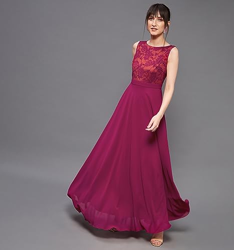 Image of Miss Chase Women's Brick Red & Dusty Green Boat Neck Sleeveless Self Design Lace Overlaid Regular Dress