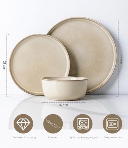 GBhome Geschirrset 6 Personen, 18-tlg Reaktive Glasur Handarbeit Steingut Geschirr Set, Mikrowellen- & Spülmaschinenfest Schüssel- und Teller Set, Khaki