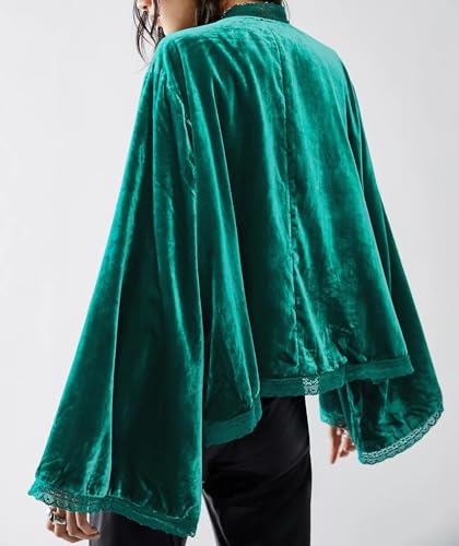 Women's Fall Velvet Casual Jackets Bell Long Sleeve Tie Front Lace Trim Loose Vintage Kimono Cardigan Short Coat3