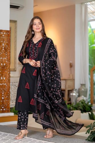 Image of PARTHVI Women's Pure Cotton Printed Straight Kurta Set with Palazzo Pants & Dupatta- Ethnic Wear, Black