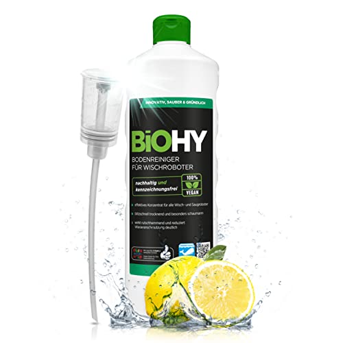 BiOHY Limpia suelos para robots de limpieza con aroma fresco a primavera (1 botella de 1 litro) + Dosificador | Concentrado de limpieza para todos los robots de limpieza | Sin espuma y sin