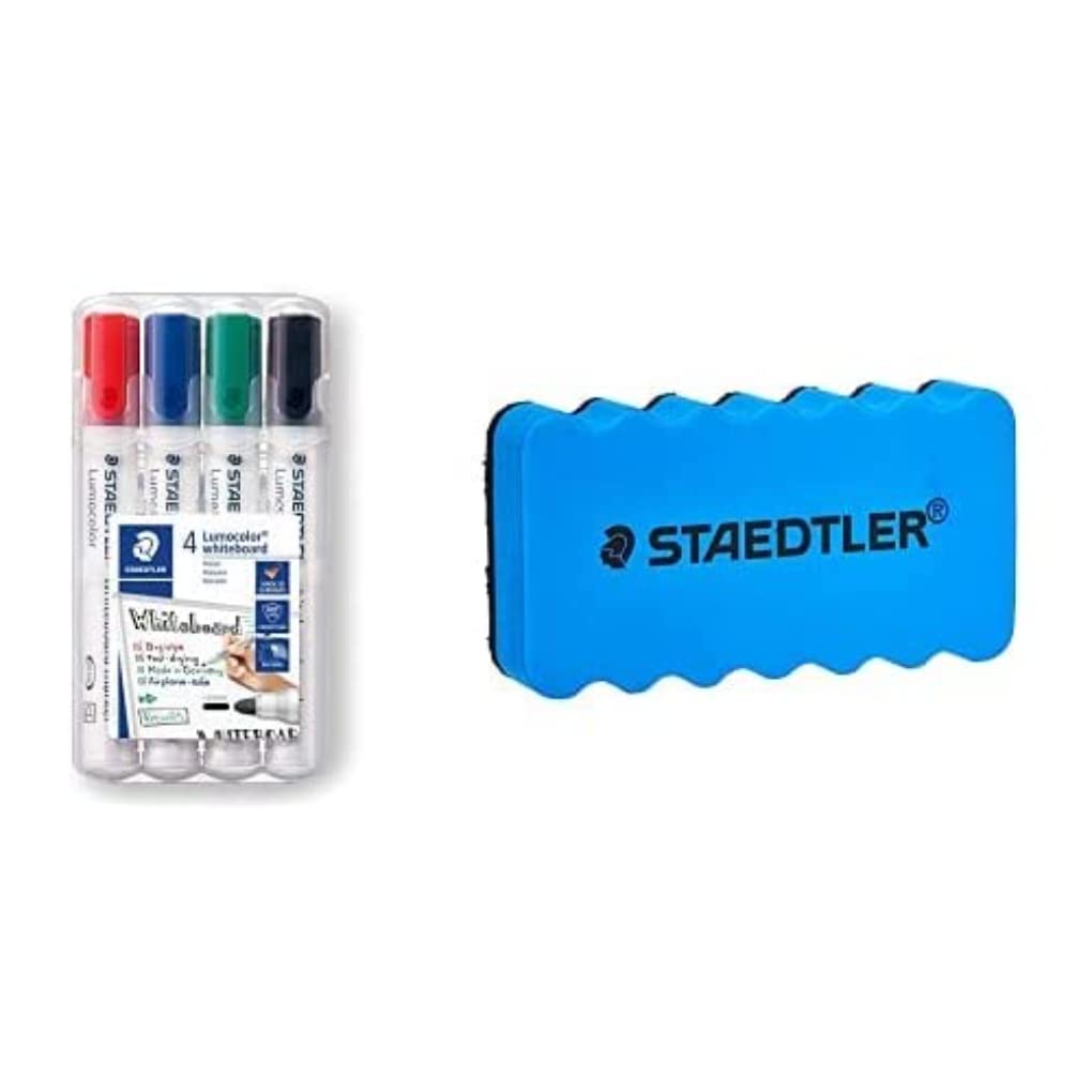 Staedtler 652 BK - Borrador para pizarra + 351 WP4 - Rotuladores para pizarra blanca Lumocolor, inodoro, secado rápido y recargable, paquete de 4
